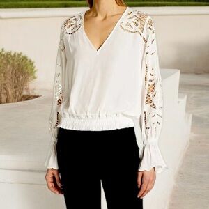 Ramy Brook White Blouse with Lace Sleeves